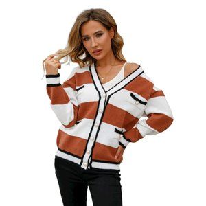 Striped Contrast Button-Up Cardigan